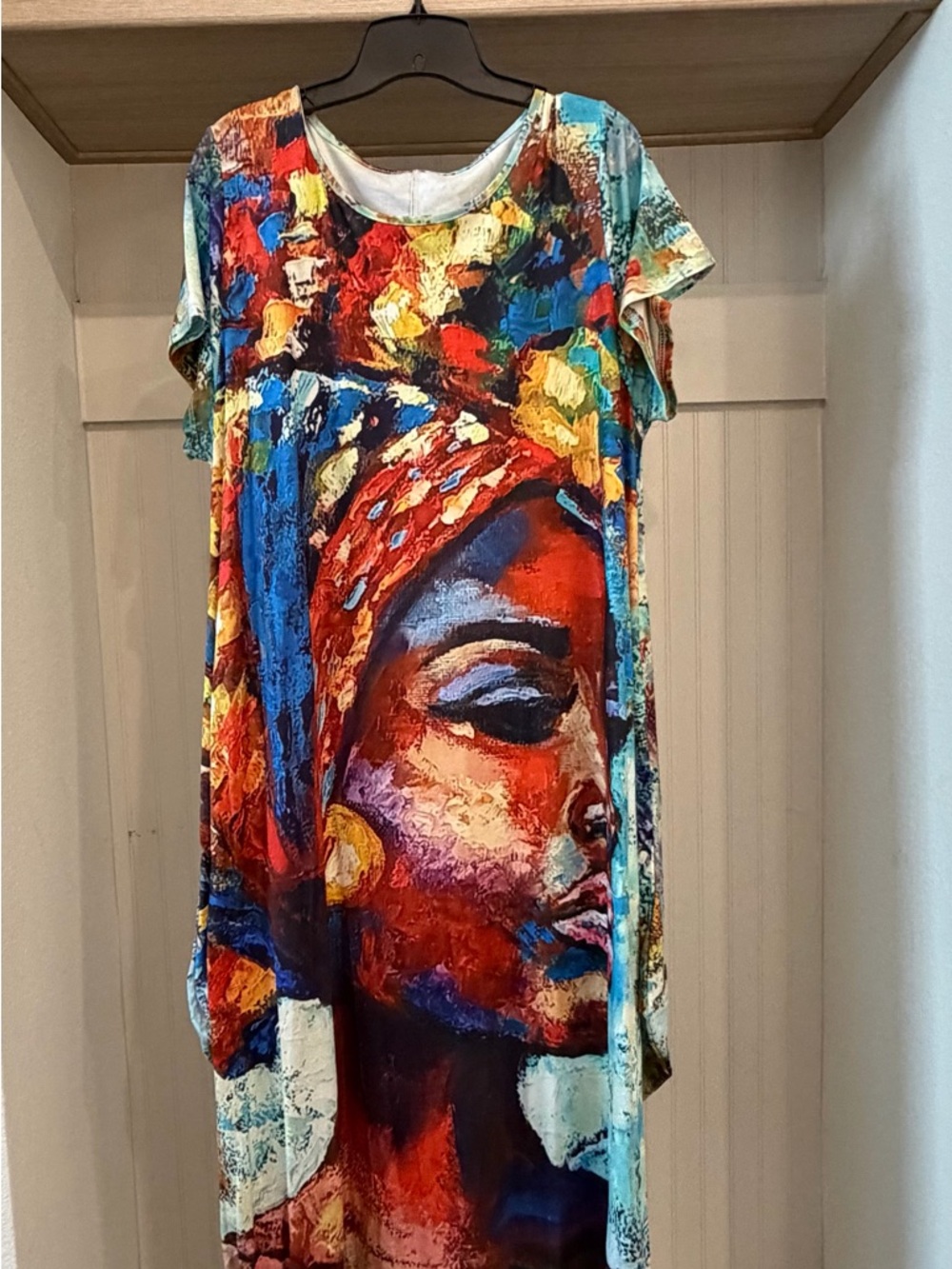 Colorful Abstract Portrait Short Sleeve Dress - Multicolor
